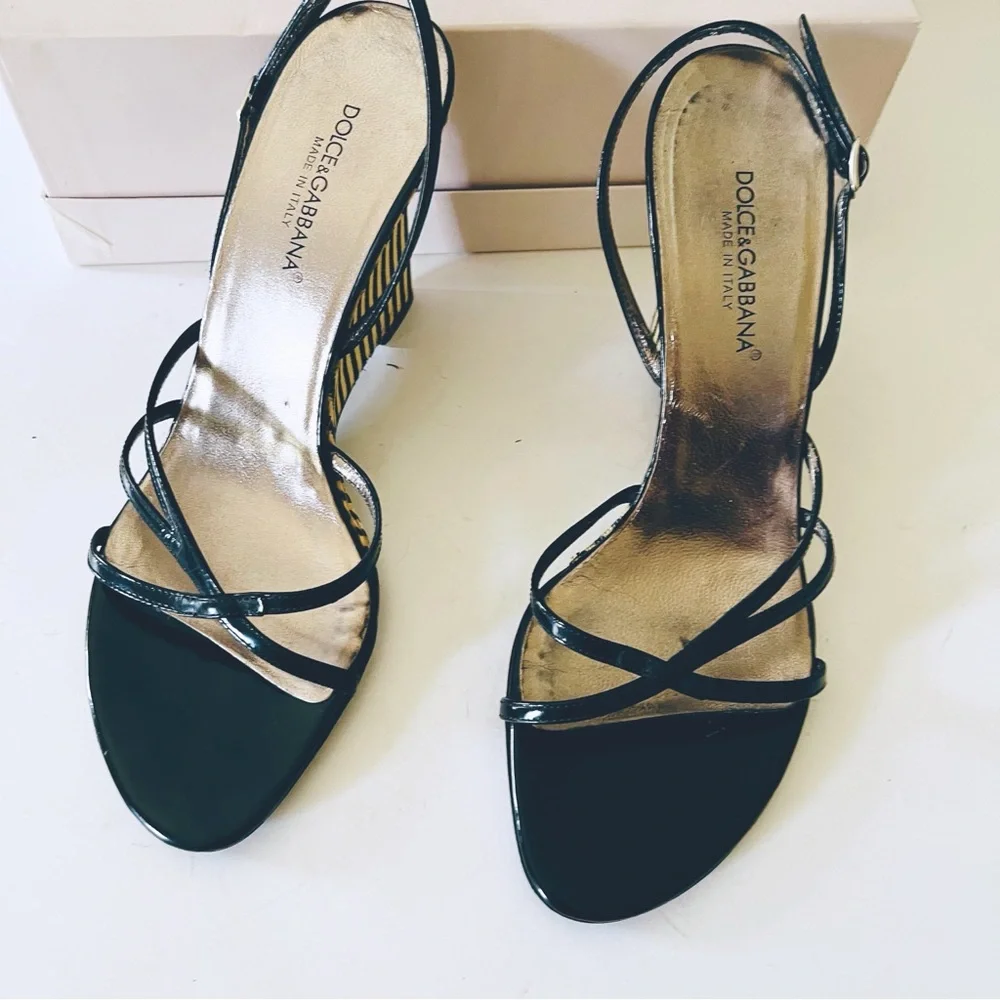 Dolce & Gabbana black and tan wedge sandals 7.5 - Picture 8 of 11